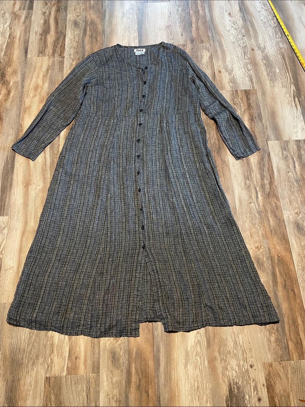 Vintage FLAX 90’s  Lagenlook charcoal striped button-front Linen maxi dress